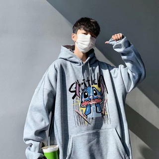 Stitch Graffiti Printing Long Sleeve Hoodie Tops Korean Fashion Loose Sweatshirts Casual Simple Men Hoodies Couple Hooded Sweater