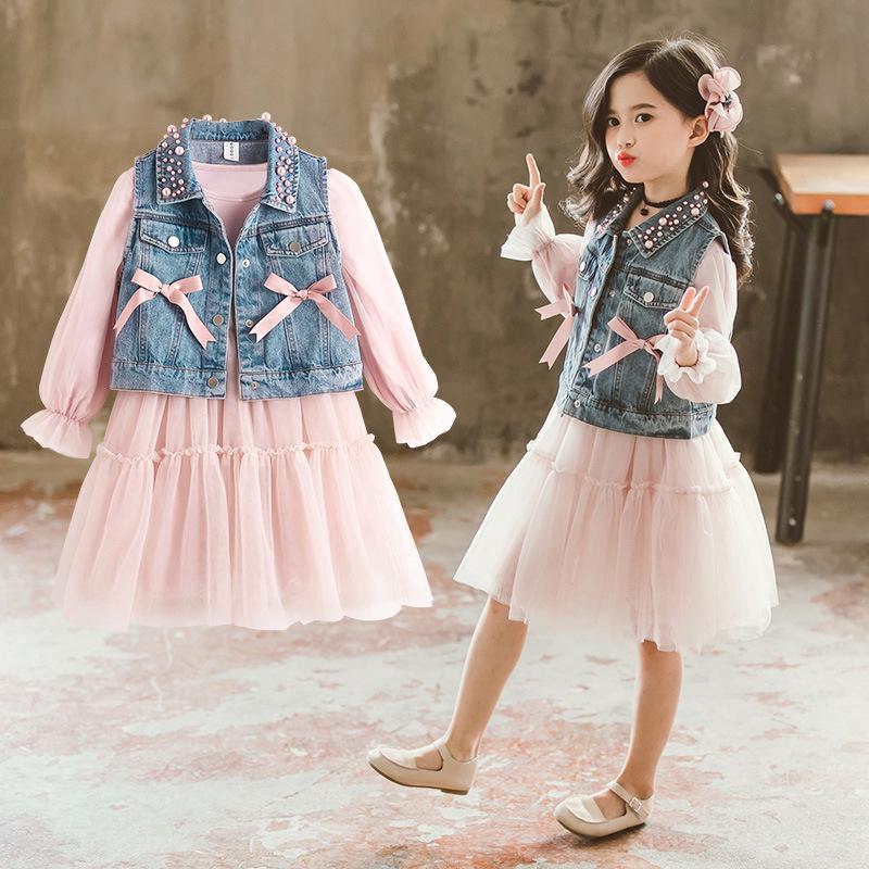 Kids Girls Bow Denim Vest +Dress Set