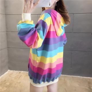 Womens Long Sleeve Rainbow Striped Hoodies Loose Thickened Colorblock Pullover Sweatshirts (5)