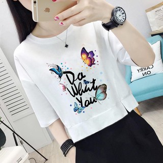 ☸✜100% cotton printed short-sleeved t-shirt female Korean round Collar letters loose short tops wome