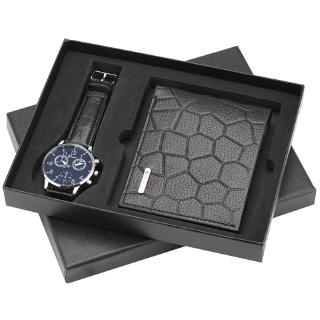 Fashion Men Black Leather Wallet Business Quartz Wristwatch Best Gift Set To Man