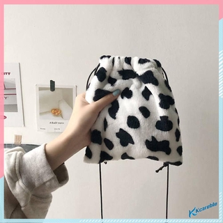 [kcareble]Women Plush Crossbody Bag Cow Print Casual Shoulder Drawstring Mini Handbags
