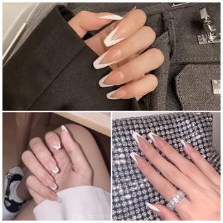 [Ready Stock＆COD] 24PCs Korean Geometric White V Fake Nails with Glue Women Manicure DIY nail set
