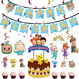 Family Cocomelon Theme Party backdrop Needs Paper Plate/Straw/Tablecloth/Tissue/Loot Bag/Cake Topper/Happy Birthday Banner Party Supplies