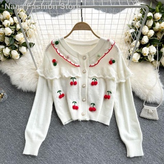 ✖[ready stock] Cute cherry cutout design sweater cardigan women s long-sleeved autumn thin white short knit sweater top trend