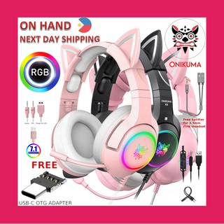 ONIKUMA K9 & X11 Pink Black Cat Ears Kitty Gaming Headset Headphone with Removable Cat Ears