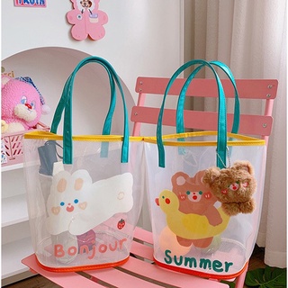 ✜Ins Simple Transparent Beach Bag Travel Handbag Cute Girl Heart Cartoon Bear