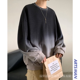 Autumn Winter Gradient Color Sweatshirt Men Hong Kong Style Trendy Loose Comfortable chic Round Neck Top Long-S