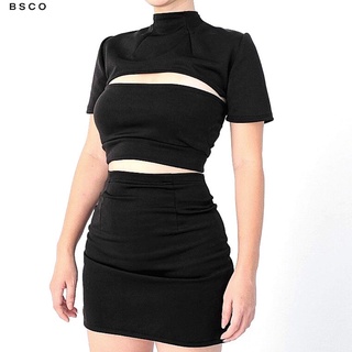 BSCO PH KOREAN FASHION WOMEN APPAREL BLACK BENLEY TOP, WITH CROP TOP OVERLAY AND SKIRT COORDINATE