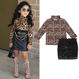 Baby Girl Leopard Tops T-Shirt Ruffle Leather +Zipper Hip Skirt Dress Set (1)