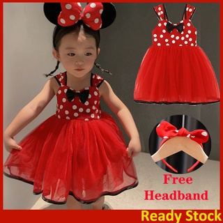 [Spot goods] Baby Girl Dress Mickey Minnie Mouse Dress for Baby Polka Dot Bow Dress for Kids Girl and Baby Headband 2Pcs Set