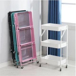 SN 3 Tier Rolling Cart trolley Instant Use Foldable Metal Storage Push
