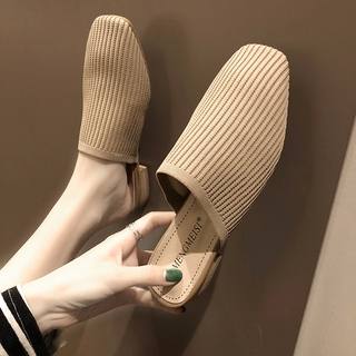 2020 Women New Flat Half Slippers Outdoor Knitting Closed Toe Square Flat Mule Shoes