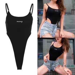 SOO-Women Sexy Close-fitting Bodysuit, Black Letters Printed Pattern Boat Neck Sleeveless One-piece