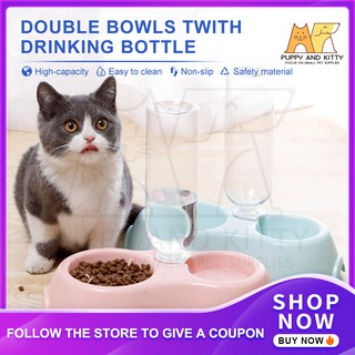 Pet Cat Dog bowl 2 in 1 Feeder Bowl / Drinking Bottle Full Set Puppy Kitty Food Bowls Water Bowls