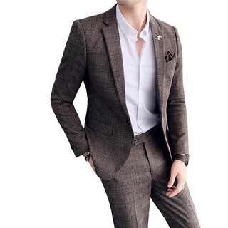 ( Blazer + Pants ) High-end Brand Formal Business Plaid Mens Suit Groom Wedding Dress Solid Color St