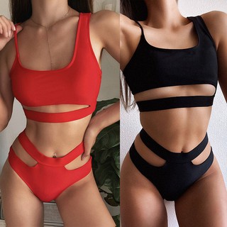 [Ladymiss] Fashion Sexy Women Solid Bikini Push-Up Ladies Swimwear Split Swimsuit Set