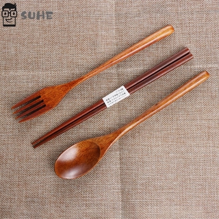 SUHE Travel Wooden Cutlery Set Cloth Bag Spoon Fork Chopsticks Portable Japanese Style Kitchen Handmade Natural