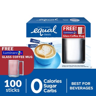 EQUAL Classic 1 Box x 100 Sticks With Free Coffee Mug, 0 Calorie Sweetener Sticks, Sugar Substitute