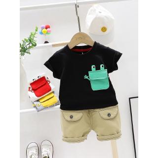 【Ready Stock】 New 0-5Y Baby Cotton Small Animal Pocket Short Sleeve With Casual Lap Sport Shorts Suit