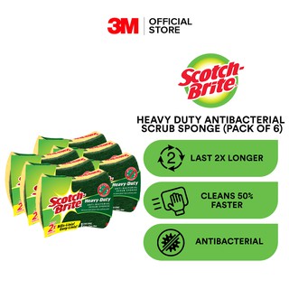3M Scotch Brite, Heavy Duty Anti Bacterial Scrub Sponge, Sponge holds foam, Easy Grip (Bundle of 6)