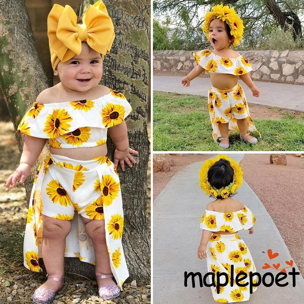 ☜♠☞2019 3PCS Infant Toddler Baby Girl Sunflower Crop Tops