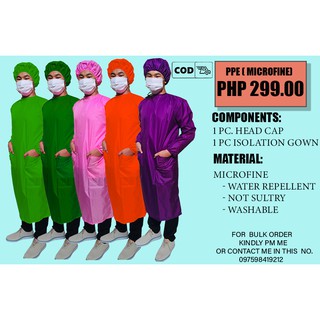 SALE MICROFINE PPE Set Head Cap and Isolation Gown/ Water Repellent / Not Sultry / Washable