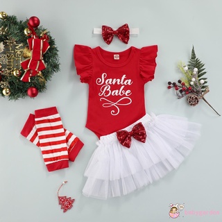 BABYGARDEN-Baby Girls Christmas Clothes Set, Letter Print Flying Sleeve Romper+Tulle Skirt+Headband+Leg Sleeves