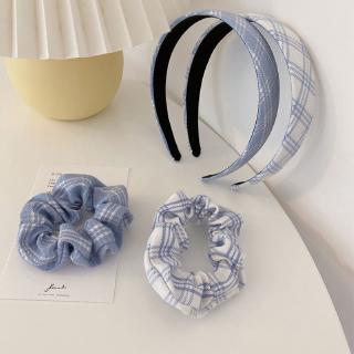 Milk Blue Sweet and Versatile Blue and White Plaid Hair Ring Large Intestine Ring French Hair Rope Retro Hair Band Hair Accessory (1)