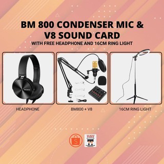 BM800 Condenser Microphone with V8 with FREE Headphone and 16cm Ring Light with Tripod