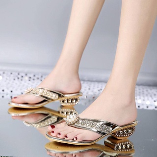 Women Sandals Summer Designer Luxury Pearl Rhinestones Thong Flip Flop Casual Hoof Heels Shoes Girls