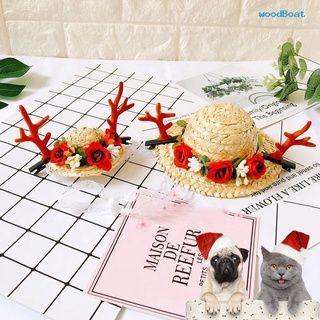 Pet Bucket Hat Christmas Antlers Flower Decor Pet Grooming Lightweight Cute Pet Dogs Cats Straw Hat Pet Birthday Gift