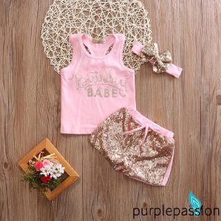 BღBღ✿Summer Baby Girls Short Sleeve Tops Romper Sequin Pants Outfits 3Pcs Set Clothes*