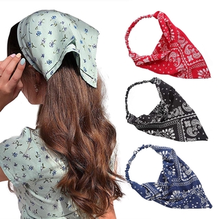Retro French Bohemian Triangle Elastic Elegant Turban/Women Fashion Floral Print Bandanas Headwrap/Romantic Rubber Band Headbands Hair Accessories