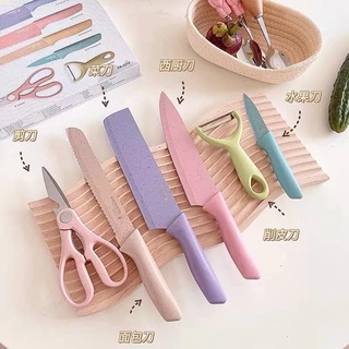 WKnife Set 6 PCS Pastel Colors Stainless Steel Chef Knife Bread Knife Cleaver Scissors