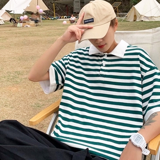 Stripe Polo Shirt for Men Korean Fashion Lapel Male Short Sleeve T Shirt Couple Casual Loose Tshirts Summer New Retro Mens Shirts
