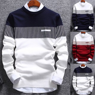 Korean Men Pullover Sweater Autumn Casual Striped Color Block Knitwear (1)