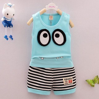 BOBORA Summer Kid Cartoon Baby Vest+ Stripe Shorts 2pcs
