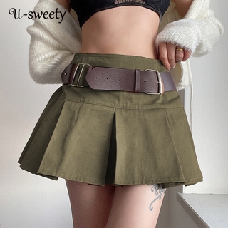 U-Sweety Women Mini Skirt Fashion Solid Color High Waist Belted Zippered Pleated Slim Fit Casual All Match Streetwear