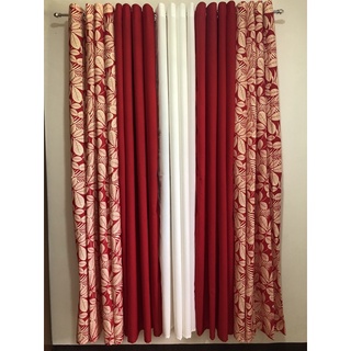 Printed & Plain Ring Curtain (Red Guava Leaves Print)