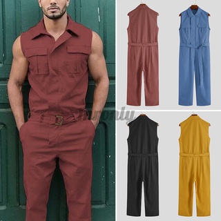 ✼✴MR Mens Casual Sleeveless Solid Color Lapel Romper Baggy Jumpsuit