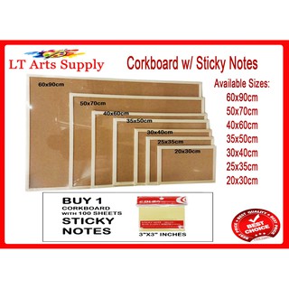 Cork Board Wooden Frame With 100 Sheets Sticky Notes 3x3 Inches