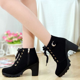 【OMB】 Girl Women High Top Heel Lace Up Buckle Ankle Boots Winter (1)