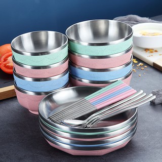 304 Stainless Steel Family Dinnerware Set Stainless Steel Plate Spoon Chopsticks Bowl Double-layer Heat Insulation