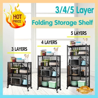 3/4/5 Layer Folding Shelf Rack Multi Layer Kitchen Pot Microwave Oven Storage Rack With Wheels (1)
