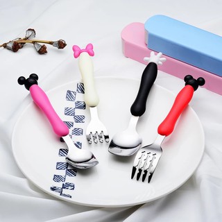 Lovely Mickey Minnie 304 Stainless Steel Fork Spoon Kids Flatware Set Child Soft Silicone Handle Chi