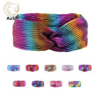 austfs_Hair Band Folded Multicolor Rainbow Style Polyester Metallic Twisted Headbands for Girls