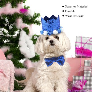 Fashionable Christmas Birthday Party Pet Dogs Cats Shiny Flower Crown Hat Bow Tie Set Pink