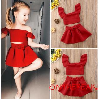☭X-Baby Girls Off Shoulder T-shirt+ Bow Tutu Skirt Skirt Summer Red Outfits Set