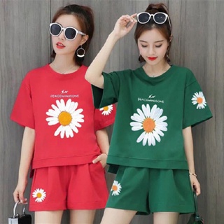 FatMMLittle Daisy Printed Large Size Loose Short Sleeve Shorts Casual Sports Suit